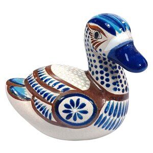 Tonala Clay Folk Art Pottery Hand Painted Duck Figurine Cobalt Blue Brown